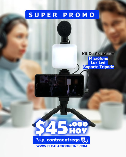 Kit De Grabación Con Micrófono Luz Led Y Soporte Trípode Negro